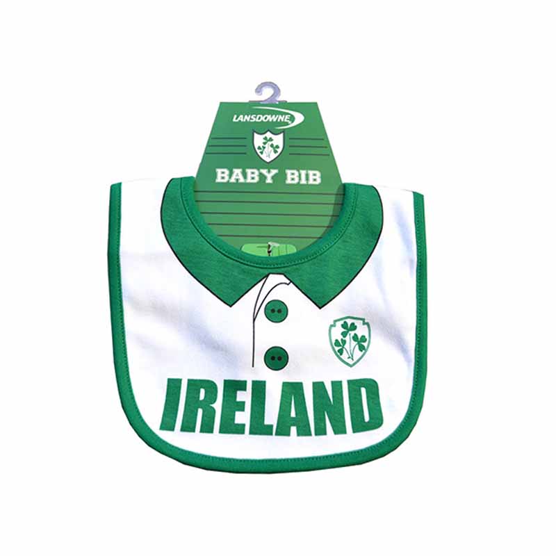 Lansdowne Sports Ireland Rugby Style Baby Bib One Size – front view – white cotton bib with green trim, printed collar, and shamrock crest.