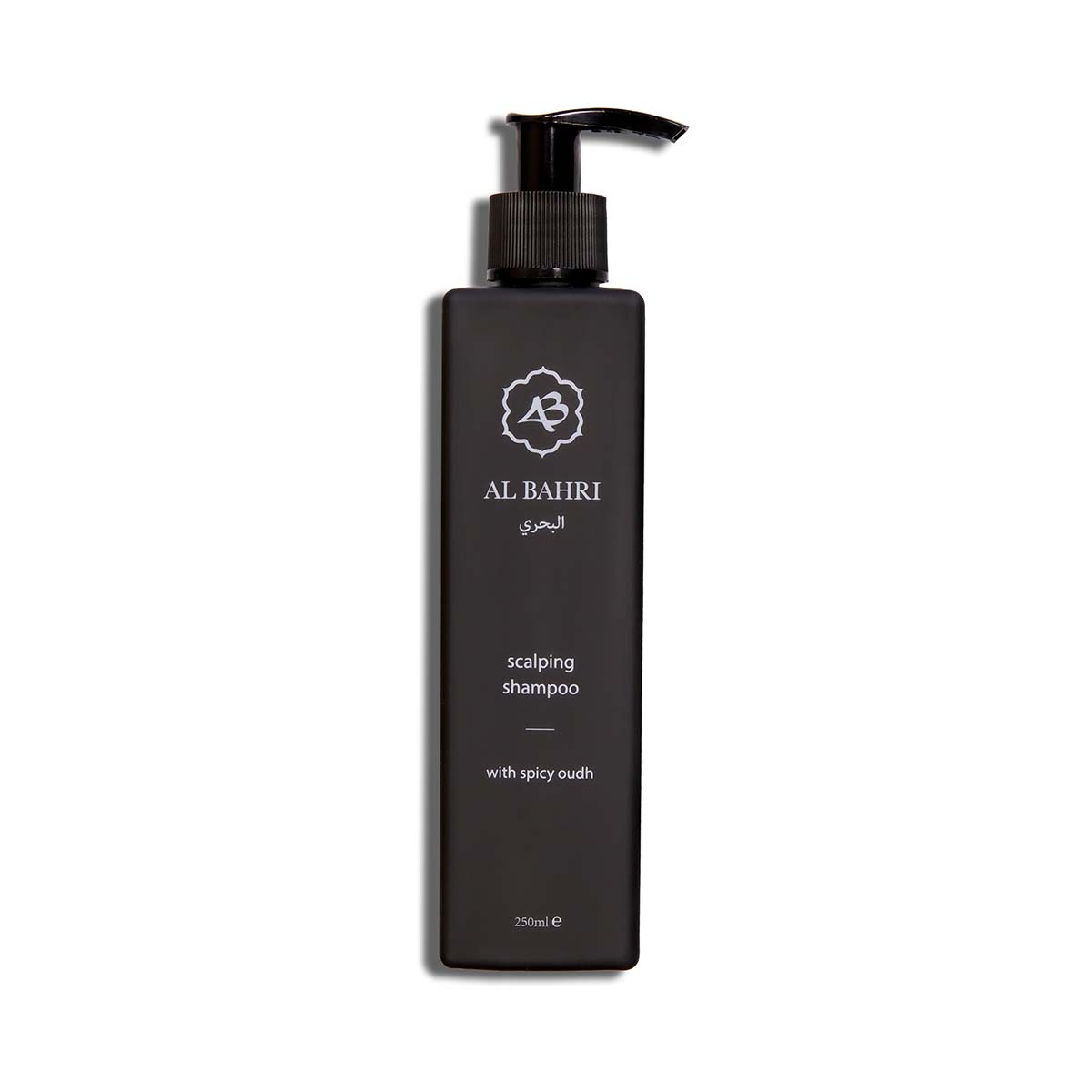 Al Bahri Oudh Wood Scalp Shampoo black bottle with pump dispenser