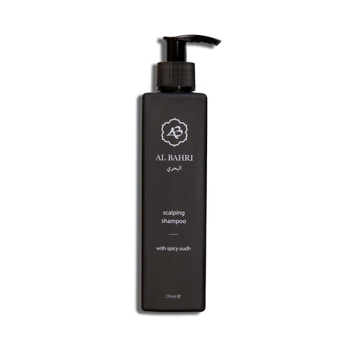 Al Bahri Oudh Wood Scalp Shampoo black bottle with pump dispenser