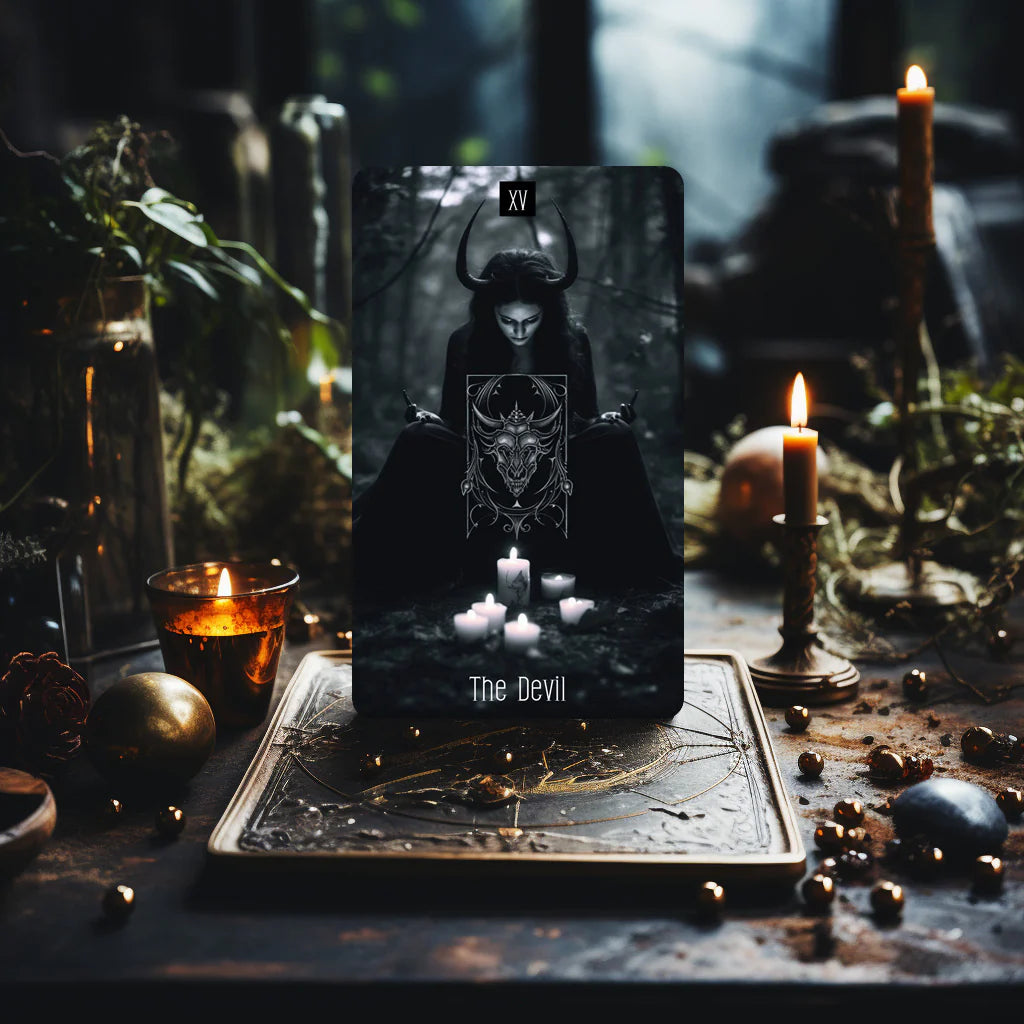 Dark Synevyr Dark Beauty Tarot Deck 80 Cards – layout – The Devil card shown in a candlelit outdoor setting.
