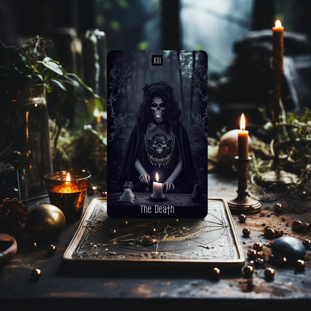 Dark Synevyr Dark Beauty Tarot Deck 80 Cards – layout – The Death card standing between two lit candles.