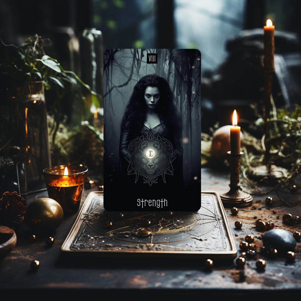 Dark Synevyr Dark Beauty Tarot Deck 80 Cards – layout – Strength card displayed in an atmospheric dark wood setting.