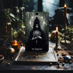 Dark Synevyr Dark Beauty Tarot Deck 80 Cards – layout – The Magician card standing on a wooden ritual tray with candles.