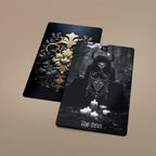 Dark Synevyr Dark Beauty Tarot Deck 80 Cards – detail – The Devil card next to a black and gold decorative card back design.