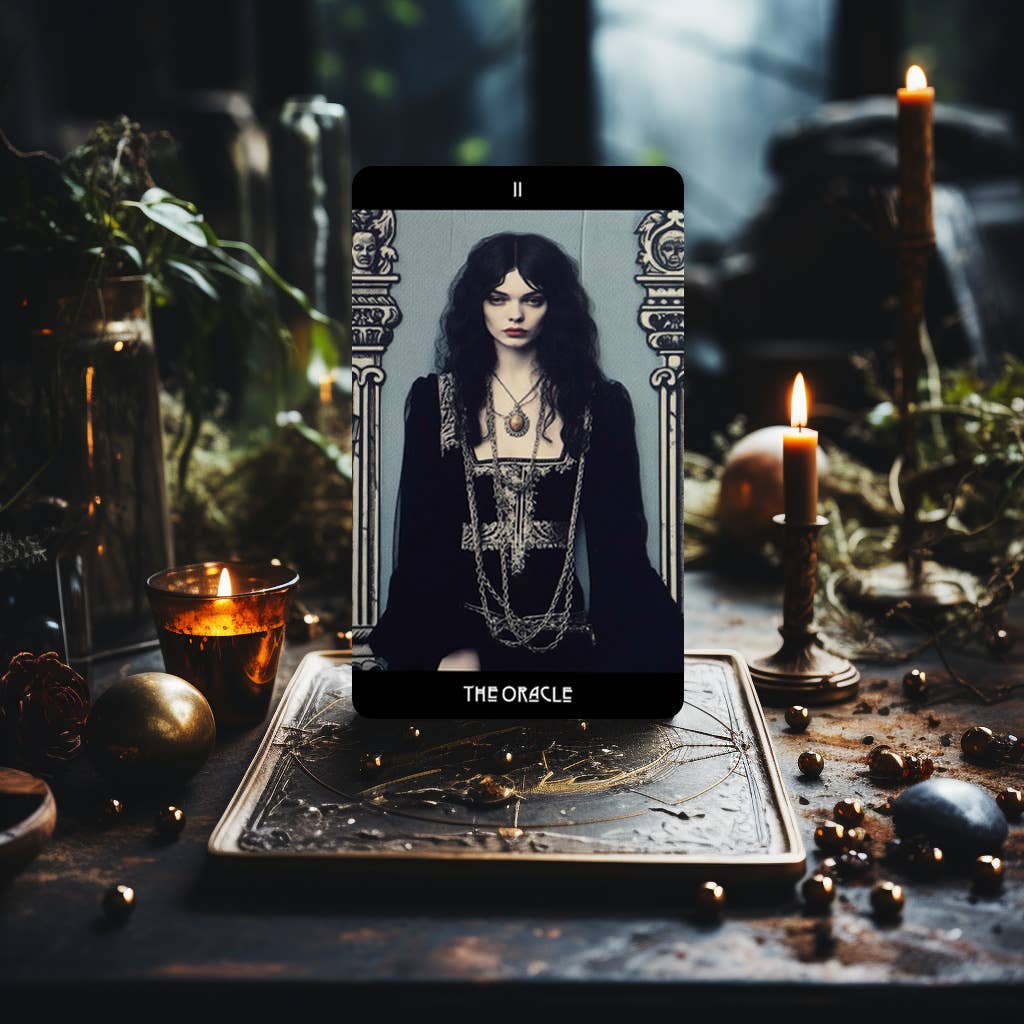 Dark Synevyr Grunge Goddess Tarot Deck 80 Cards - THE ORACLE card displayed with candles and moss