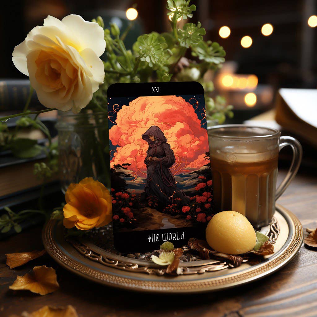 Dark Synevyr Healing with Dreams Tarot Deck 80 Cards – card display – illustrated THE WORLD card on table setting
