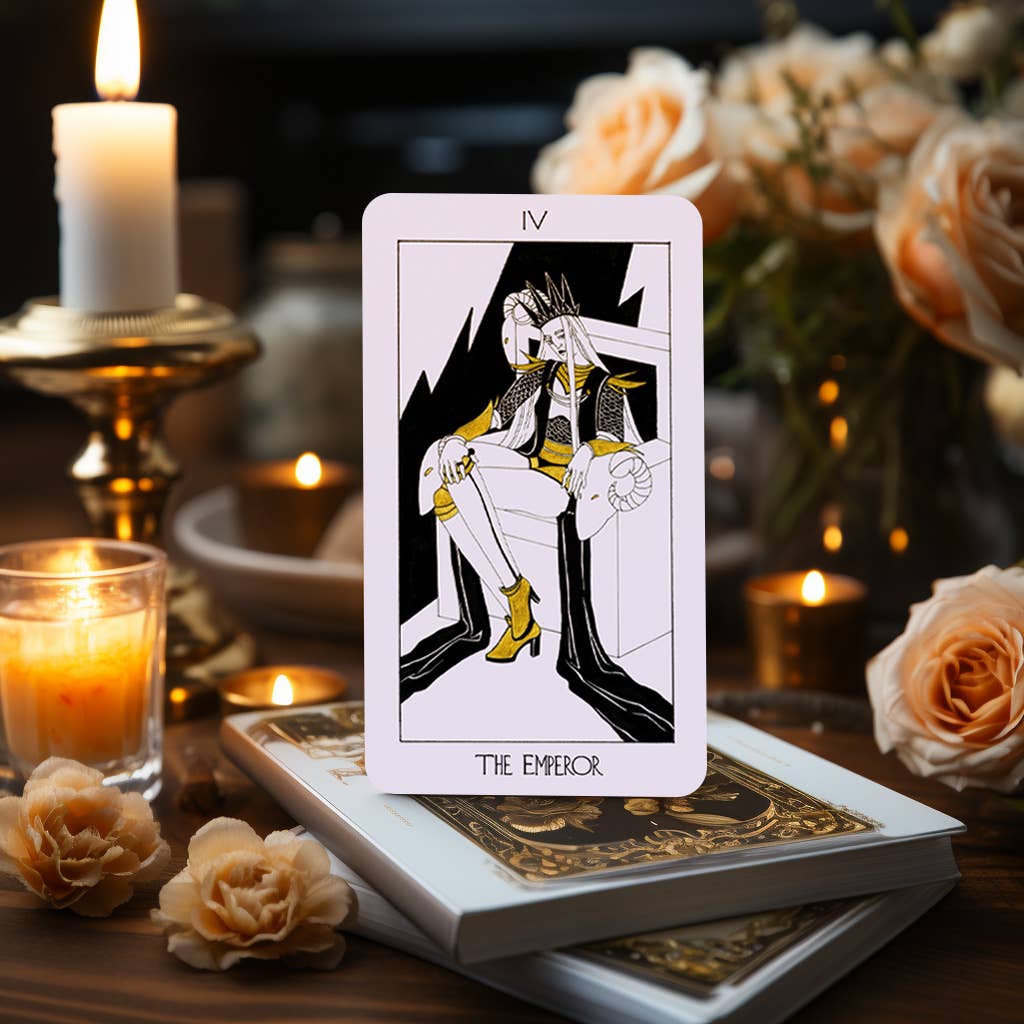 Dark Synevyr The Golden Path Tarot Deck 80 Cards - card The Emperor displayed with candles