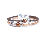 Meninas Bonitas Cork Colourful Ceramic Bead Handmade Bracelet 18x1cm – detail – dark brown cork bracelet featuring two brown ceramic beads and silver-tone metal accents.