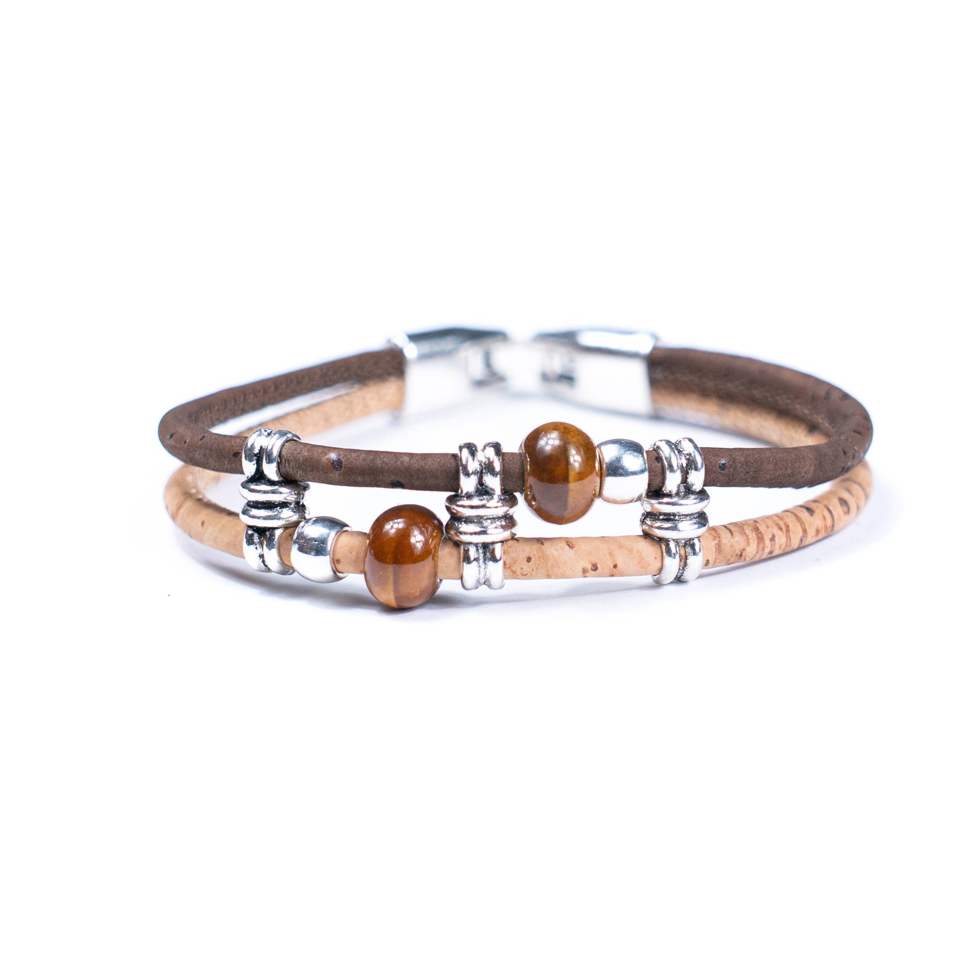 Meninas Bonitas Cork Colourful Ceramic Bead Handmade Bracelet 18x1cm – detail – dark brown cork bracelet featuring two brown ceramic beads and silver-tone metal accents.