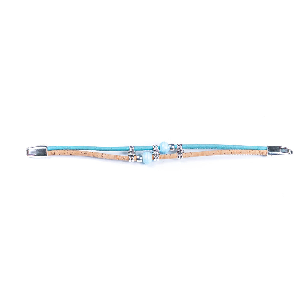 Meninas Bonitas Cork Colourful Ceramic Bead Handmade Bracelet 18x1cm – detail – light blue cork bracelet featuring two light blue marbled ceramic beads, unfastened and presented in its full length.