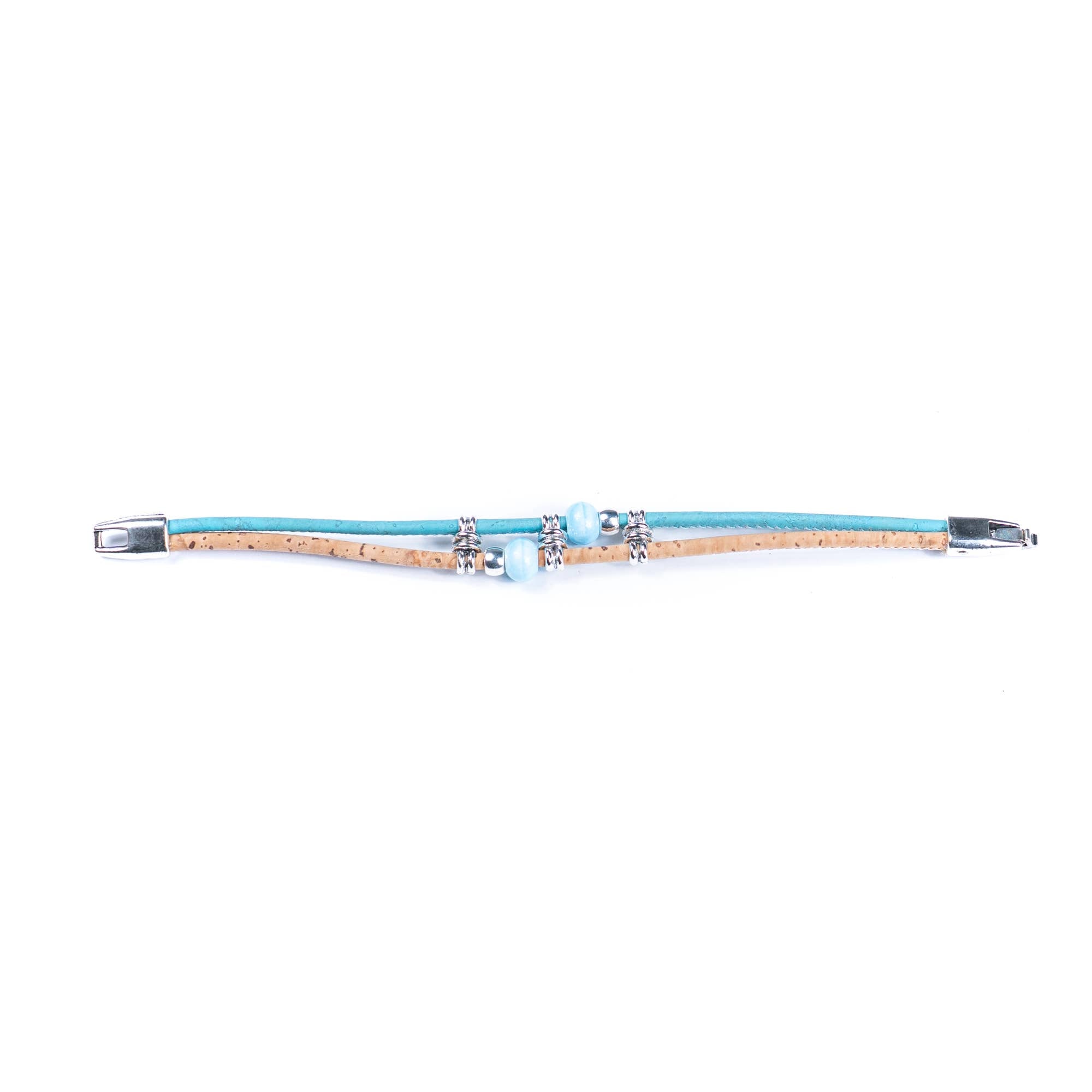 Meninas Bonitas Cork Colourful Ceramic Bead Handmade Bracelet 18x1cm – detail – light blue cork bracelet featuring two light blue marbled ceramic beads, unfastened and presented in its full length.