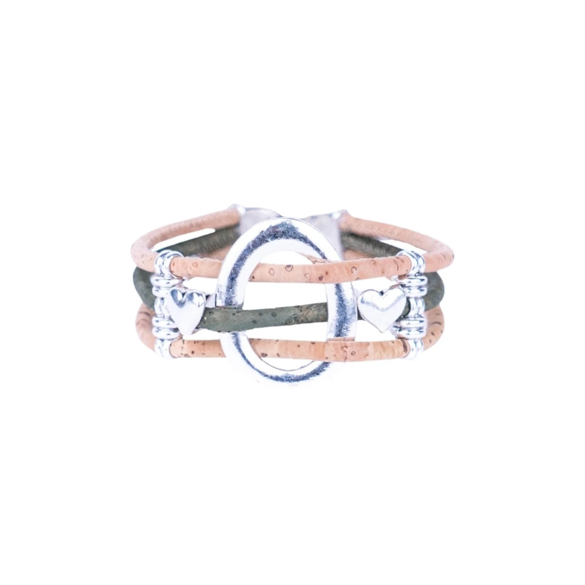 Meninas Bonitas Cork Multi-Colour Floral Handmade Bracelet 19x2.5cm – front view – green cork variant featuring silver-tone heart charms on a triple-wire braided cord.