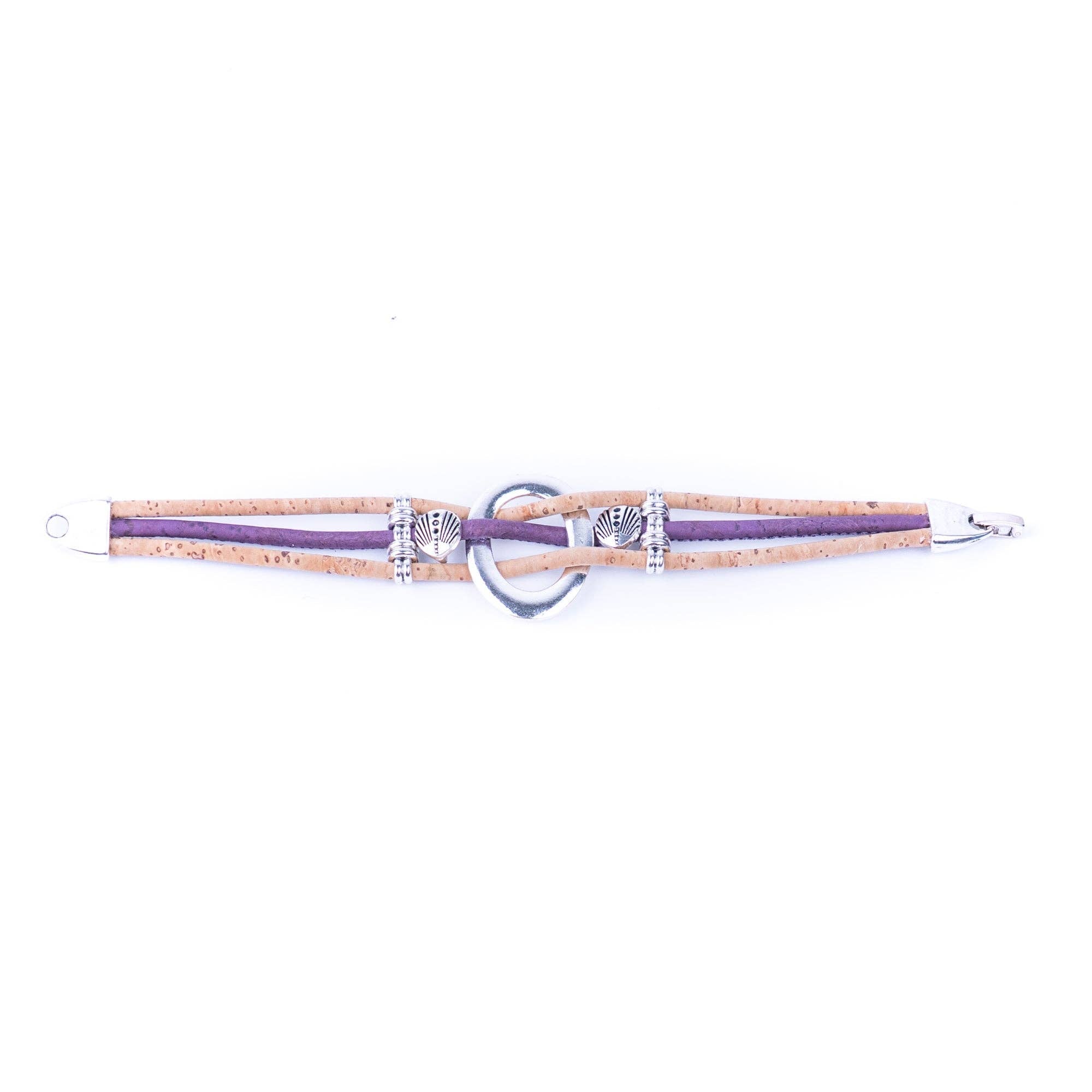 Meninas Bonitas Cork Multi-Colour Floral Handmade Bracelet 19x2.5cm – front view – purple cork variant featuring a circular silver-tone centrepiece and shell charms, image 1
