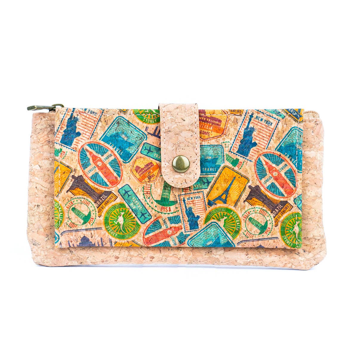 Meninas Bonitas Cork "Travel Impressions" Slim Wallet 17x9cm – front view – natural cork wallet with a vintage stamp pattern including the Statue of Liberty and Eiffel Tower.