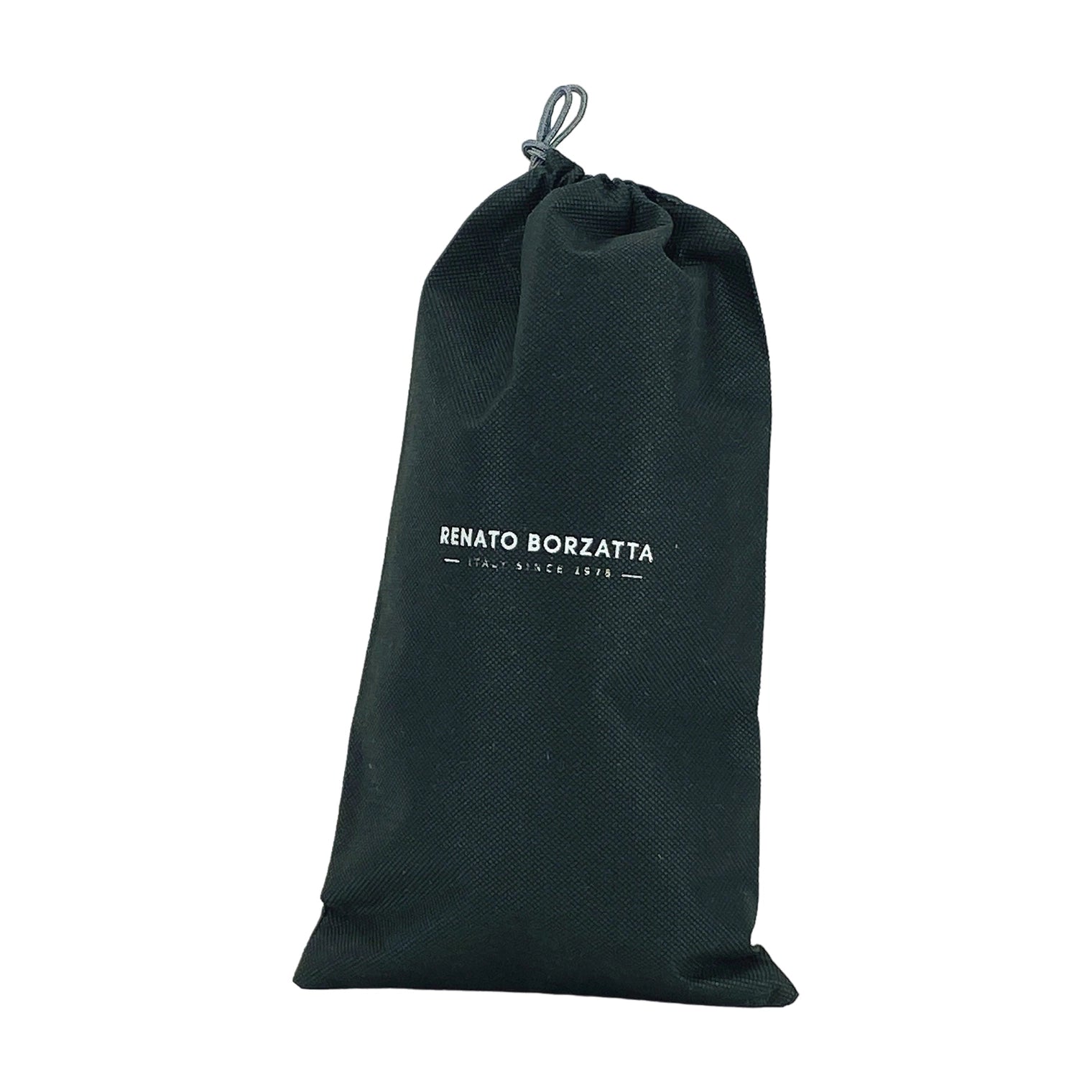 Renato Borzatta Avio Blue Leather Small Shoulder Bag 22x12x3cm – packaging – black drawstring dust bag with white Renato Borzatta logo.